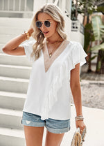 Short-Sleeved Commute Lace V-Neck Ruffled Shirt Wholesale Womens Tops