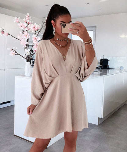 Dolman Sleeve Solid Color V Neck Casual Loose Dress Wholesale Dresses