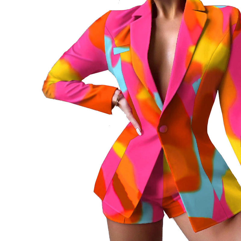 Fashion Slim Lapel Print Long Sleeve Blazer Coats & Shorts Wholesale Womens 2 Piece Sets