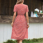 Button-Down Short-Sleeved V-Neck Floral Slit Slim Dress Wholesale Dresses