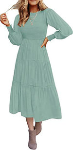 Solid Color Long Sleeve Midi Swing Smocked Dress Wholesale Dresses