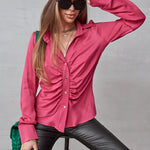 Solid Color Long Sleeve Pleated Commuter Button Down Shirt Wholesale Women'S Tops