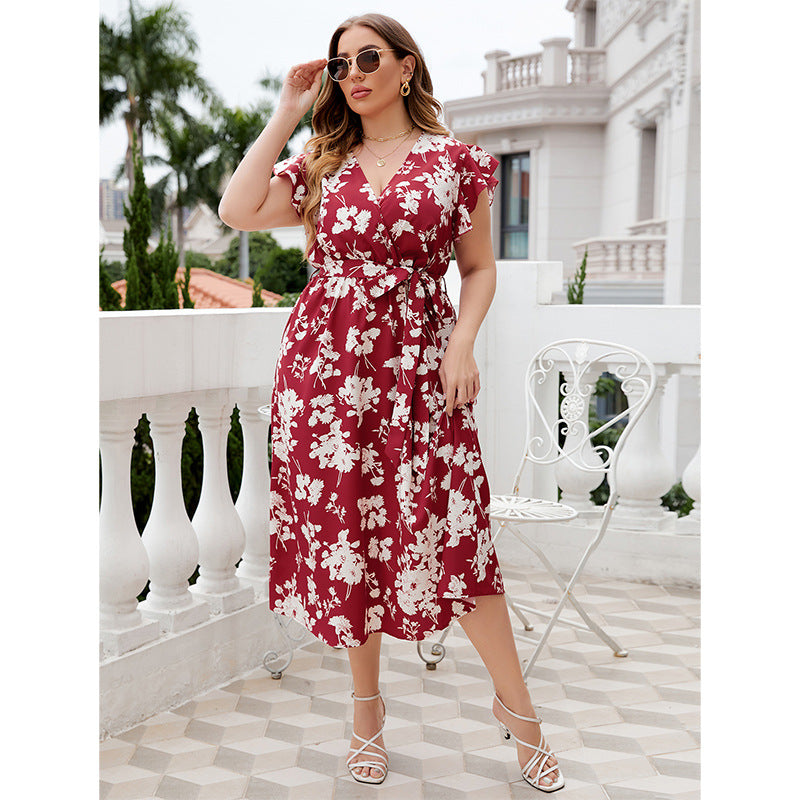 Wholesale Women'S Plus Size Clothing Low-Cut V-Neck Tie-Print Generous Short-Sleeved Dress