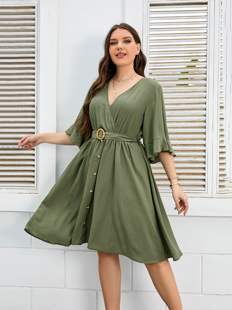 Sexy V-Neck Backless Dresses With Belt Solid Color Midi Wholesale Plus Size Clothing
