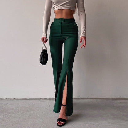 High Waist Slim Hip Solid Color Slit Flare Trousers Wholesale Pants