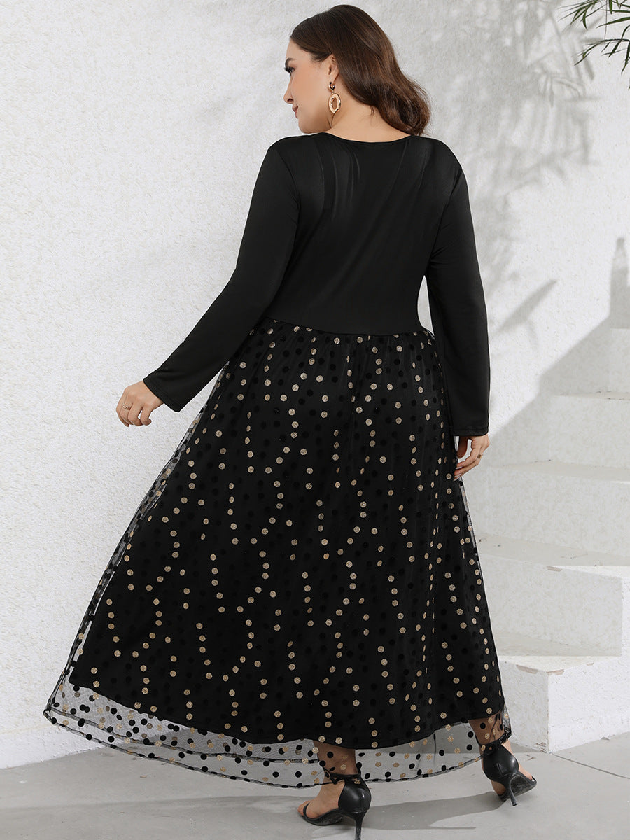 Wholesale Women'S Plus Size Clothing V-Neck Long-Sleeved Stitching Polka-Dot Bronzing Dress