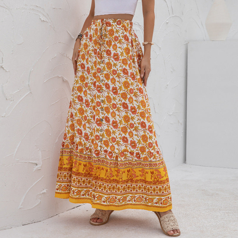 High Waist Floral Print Single-Breasted Long Bohemian Skirt Wholesale Skirts