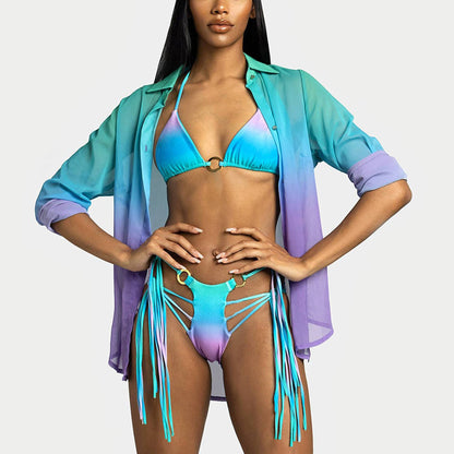 Fringed Gradient Cutout Halter Neck Two-Piece Bikini Swimsuit Wholesale Women'S Clothing