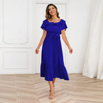 Solid Color Off-Shoulder Lace-Up Waist Mid-Length Ruffle Swing Dress Wholesale Dresses N5323021800028