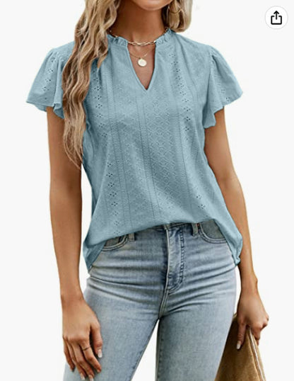 Casual Solid Color V-Neck Short Sleeve Jacquard T-Shirt Wholesale Womens Tops