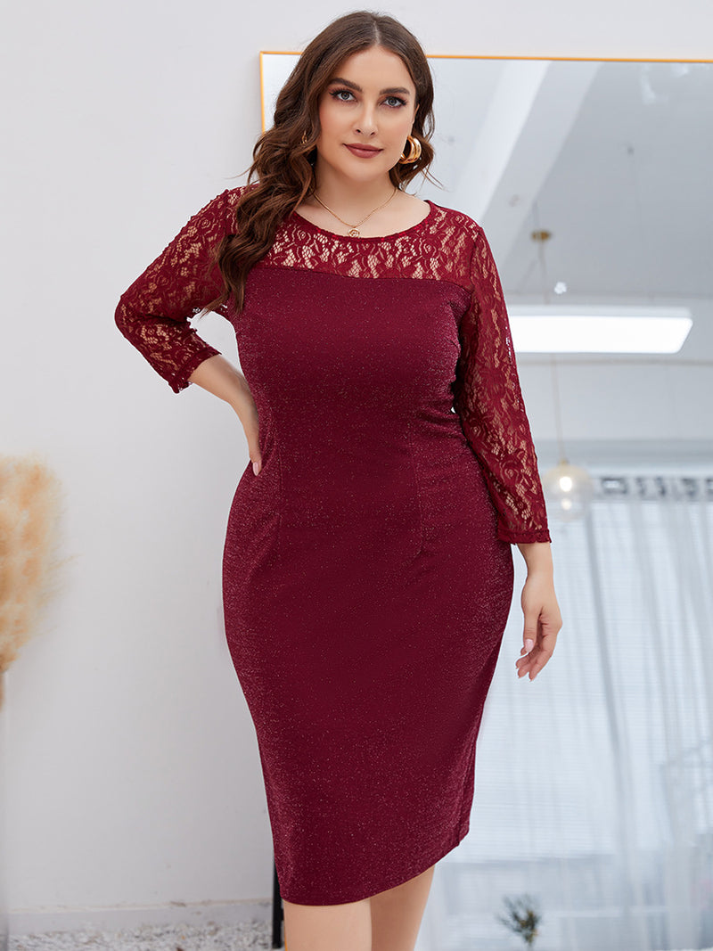 Wholesale Women'S Plus Size Clothing Lace Stitching Round Neck Long Sleeve Slim Fit Simple Dress