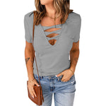 V-Neck Pullover Solid Color Short Sleeve T-Shirts Wholesale Womens Tops
