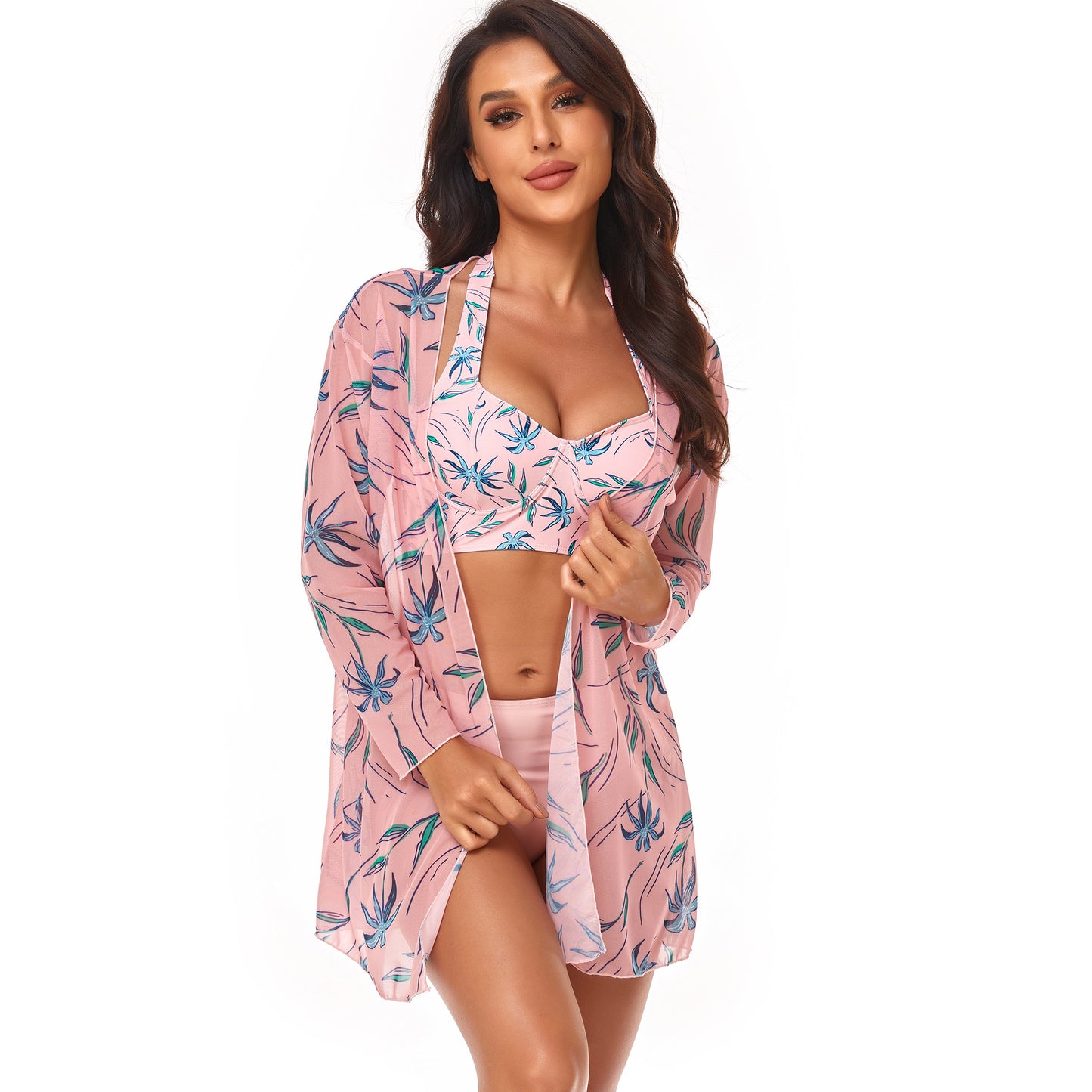 Floral Print Beach Cover-Up Cardigan & Bikini Sets Swimsuit Wholesale Womens Swimwear