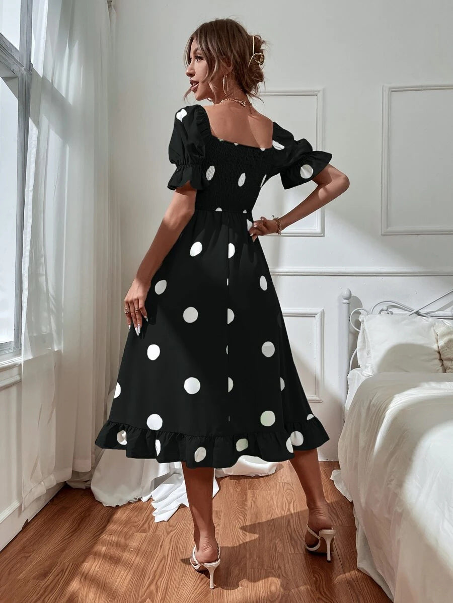 Polka Dot Print Square Neck Puff Sleeve Ruffle Midi Dress Wholesale Dresses