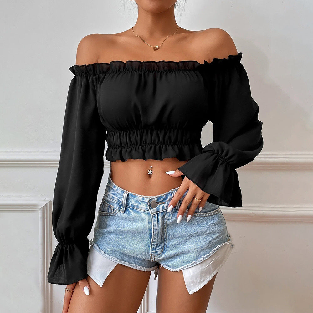 Sexy Off Shoulder Puff Sleeves Solid Color Slim Wholesale Crop Tops