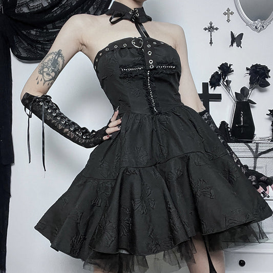 Black Gothic Punk Cross Jacquard Mesh Puffy Cake Dress And Choker Wholesale Dresses