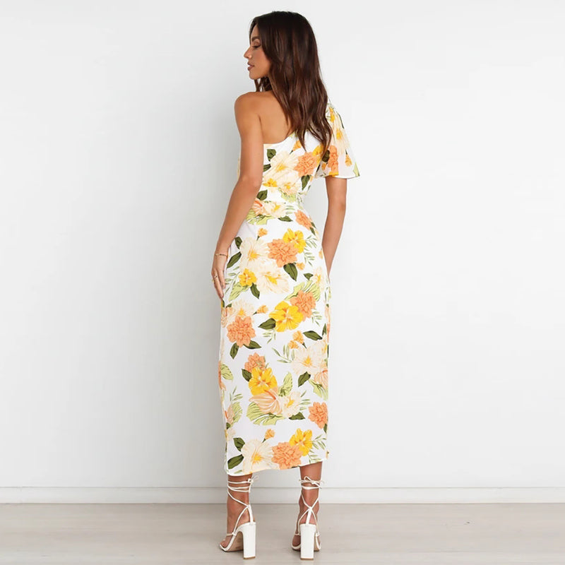 Fashion One-Shoulder Floral Print Short Sleeve Tie-Up Slim Fit Wrap Dress Wholesale Dresses