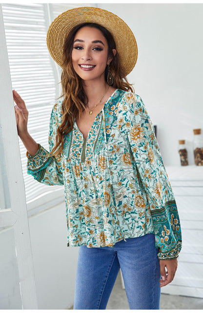 Printed Loose Lantern Long Sleeve Casual Bohemian Shirts Wholesale Womens Tops