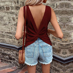 Open Back V-Neck Waffle Sleeveless Solid Color Casual Sports Tank Tops Wholesale Women'S Tops