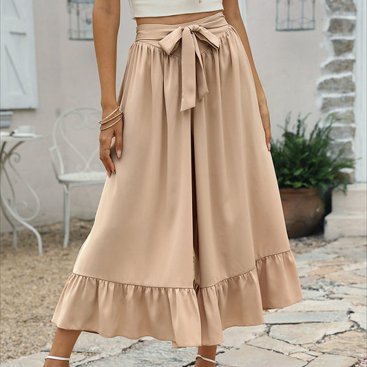 Tie-Up Ruffles Long Wide-Leg Trousers Wholesale Women Pants