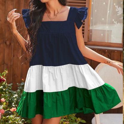 Colorblock Square Collar Frill Sleeve Summer Smocked Dress Wholesale Dresses