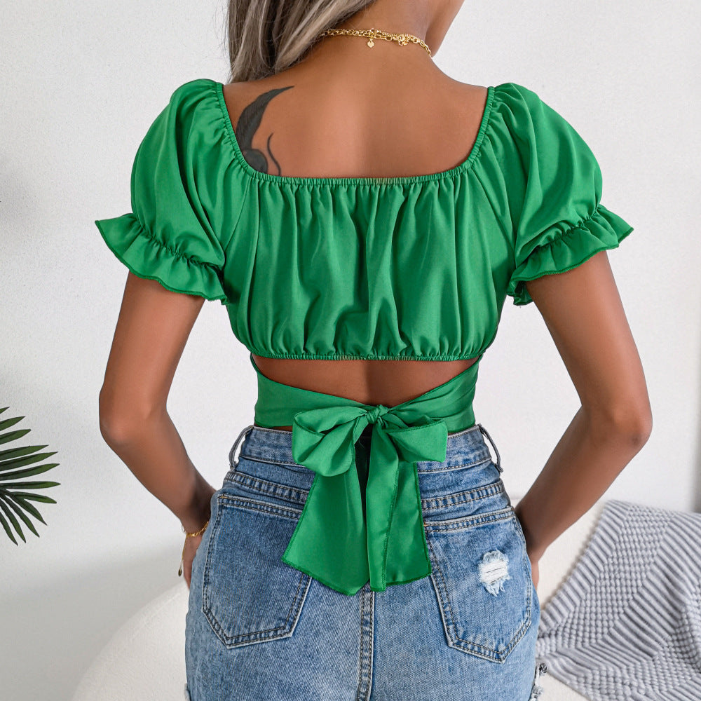 Chiffon Square Neck Tops Lace-Up Casual Short Sleeve Wholesale Crop Tops