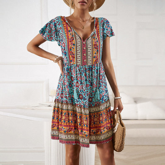 Bohemian Print V-Neck Petal Sleeve Tie Dress Wholesale Dresses