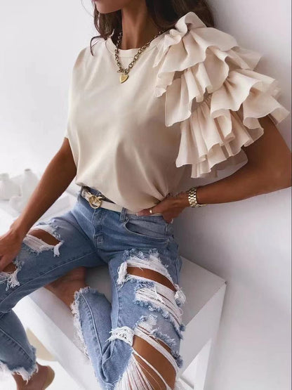 Fashion Ruffles Short Sleeve Round Neck T-Shirt Wholesale Womens Tops