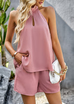Fashion Sleeveless Solid Color Hanging Neck Top And Shorts Set Wholesale Two Piece Sets