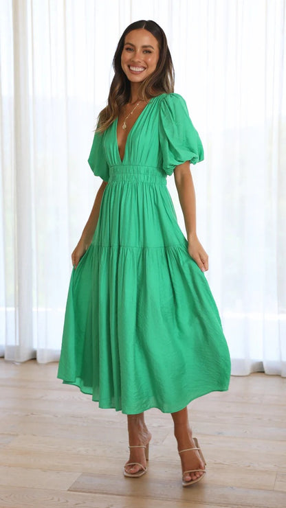 Solid Color Sexy Deep V-Neck Puff Sleeve Mid-Length Fashion Dress Wholesale Dresses