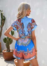 Fashion Printed Short-Sleeve Button Tie-Up Women Rompers Wholesale Jumpsuits