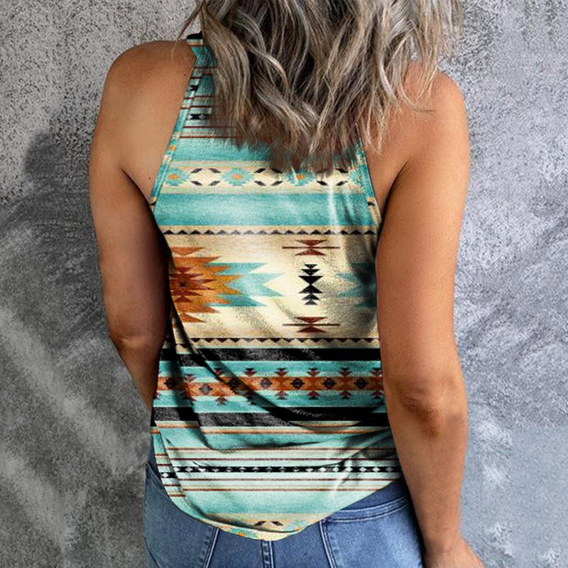 Casual Retro Print All-Match Halter Neck Sleeveless Tank Tops Wholesale Women'S Tops
