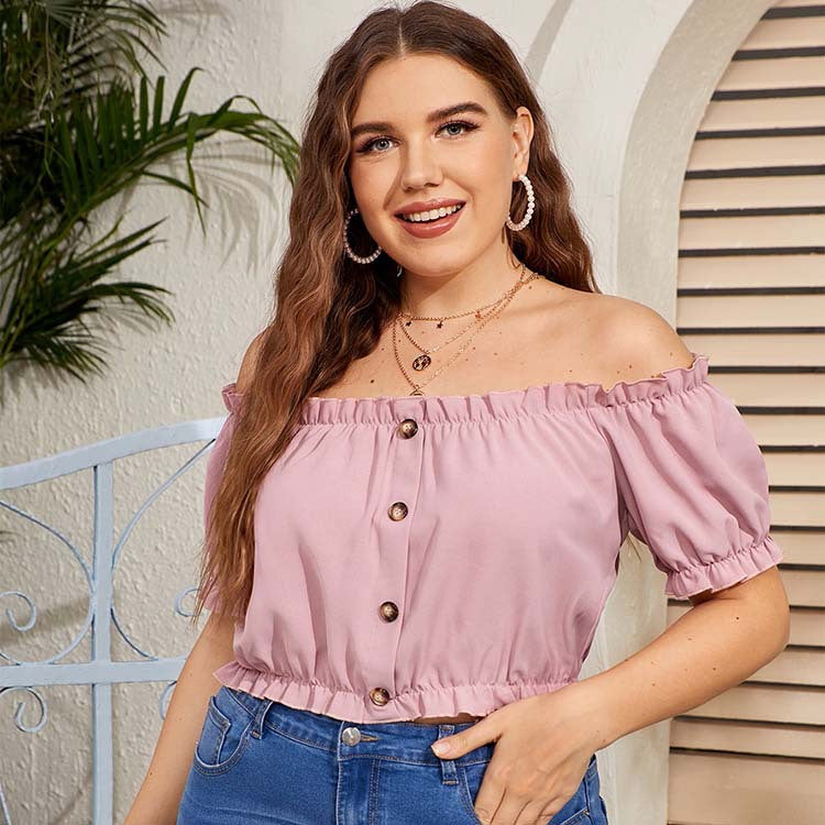 Sexy Off-Shoulder Crop Tops Solid Color Short Sleeve Wholesale Plus Size Clothing