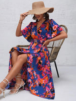 Contrast Color Printed Short-Sleeved Slit Irregular Dress Wholesale Dresses