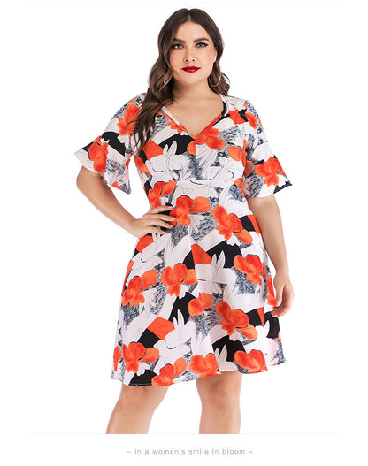 Casual V Neck Ruffle Dress Short Sleeve Printed Wholesale Plus Size Clothing