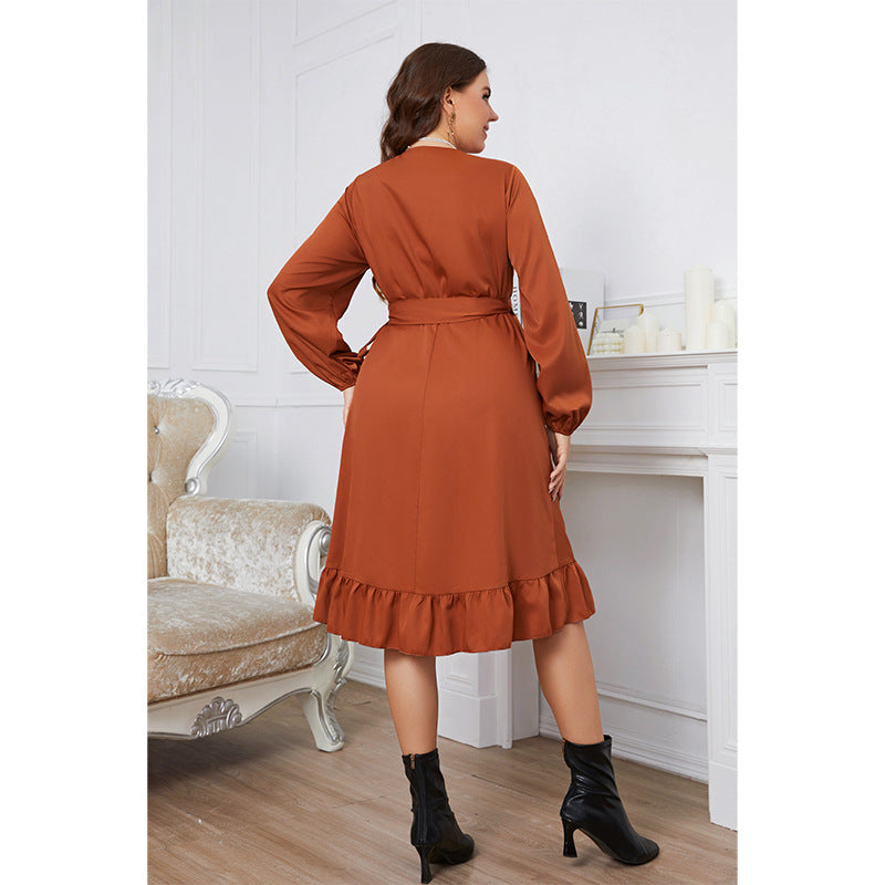 Long Sleeve Tie-Up Waist Long Sleeve Ruffled Wrap Curvy Dresses Wholesale Plus Size Clothing N5323021500042