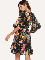 Printed V-Neck Slim Fit Fashion Mid Sleeve Ruffled Wrap Dress Wholesale Dresses