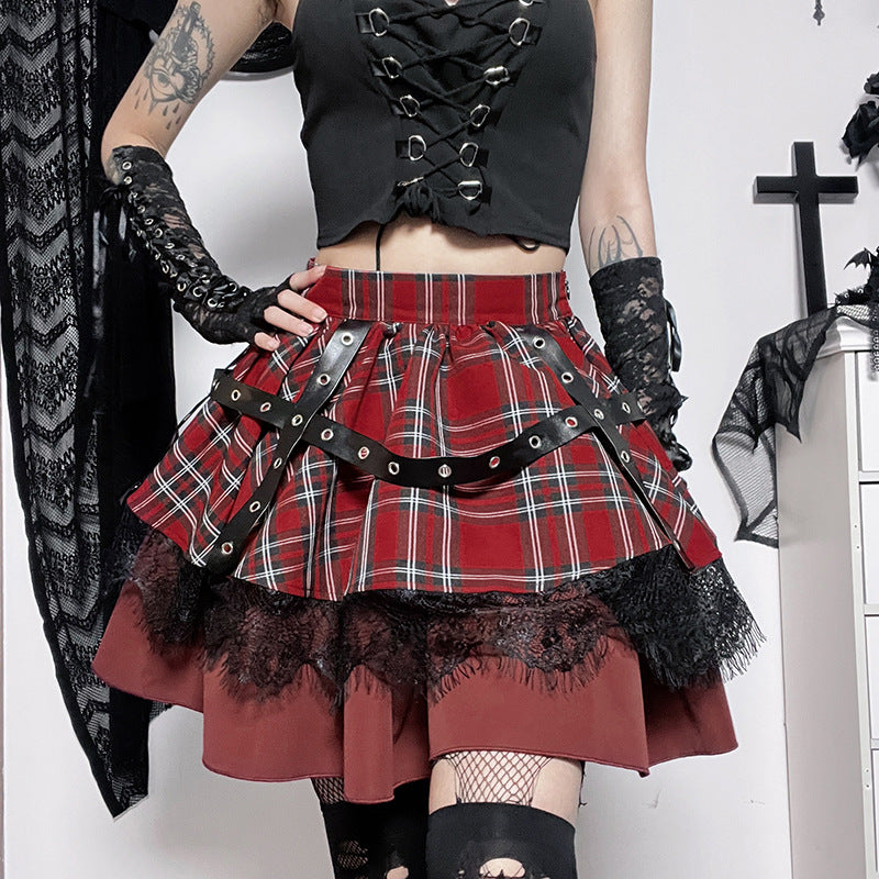 Dark High Waist Plaid Contrasting Color Eyelet Lace Skirt Wholesale Women'S Bottoms