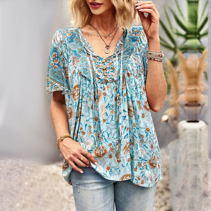 Boho Print Temperament V-Neck Bohemian Shirt Wholesale Womens Tops