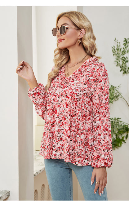 Casual Floral V-Neck Tops Loose Long Sleeve Wholesale Womens Long Sleeve T Shirts