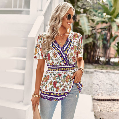 Bohemian Retro Print V-Neck Short-Sleeved All-Match Top Wholesale Women'S Tops