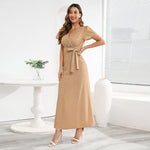 V-Neck Open Back Slim Fit Party Shiny Lace-Up Waist A-Line Dress Wholesale Maxi Dresses