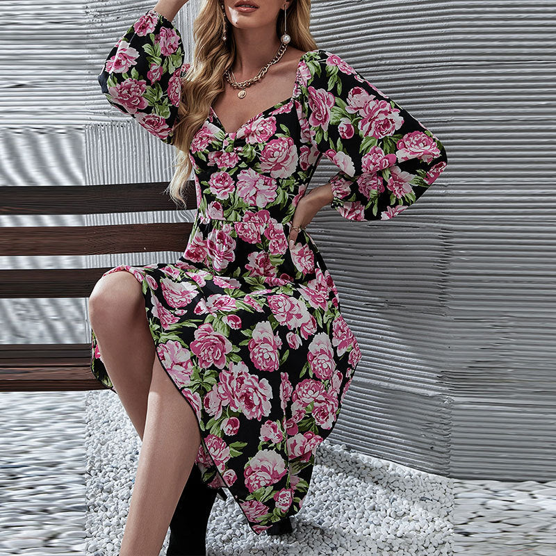 Fashion Floral Print Temperament Long-Sleeved Dress Wholesale Dresses