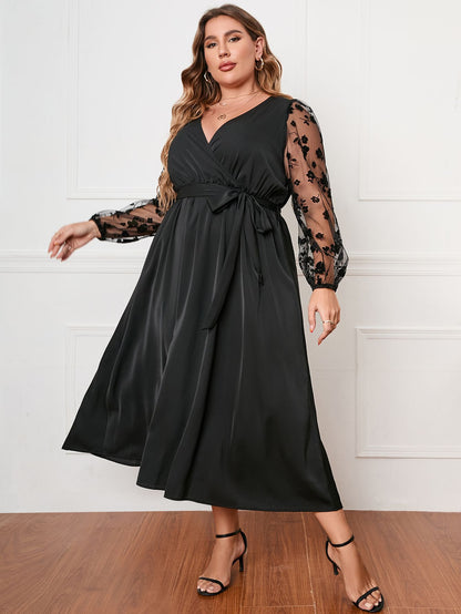 Fashion V Neck Midi Dress Long Sleeve Lace Up Dresses Solid Color Wholesale Plus Size Clothing