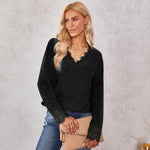 Fashion Lace V-Neck Long Sleeve Knitted Shirts Wholesale Women Blouse