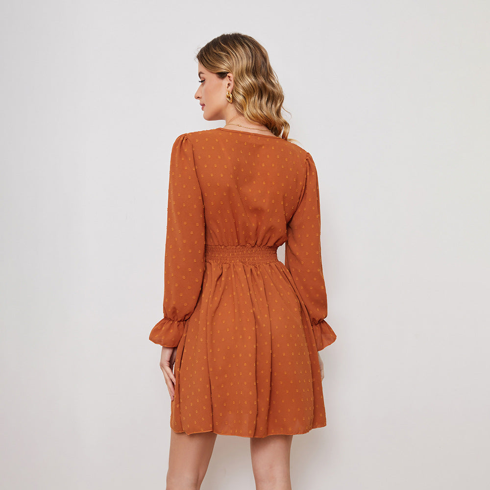 Solid Color V-Neck Long-Sleeve Jacquard Swing Dress Wholesale Dresses