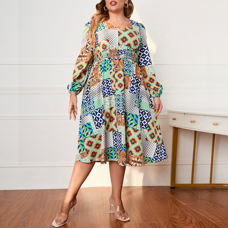 Fashion V Neck Color Matching Dress Long Sleeve Midi Dresses Wholesale Plus Size Clothing