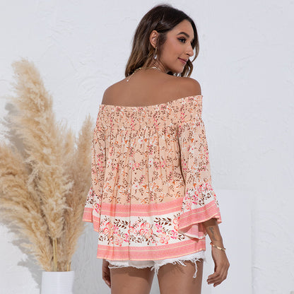 Bohemian Pleated One-Shoulder Floral Trumpet Sleeve Blouses Wholesale Women'S Tops