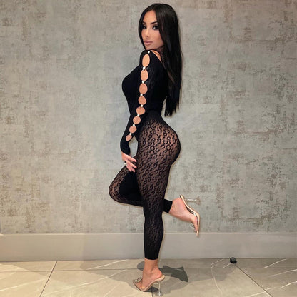 Sexy Long-Sleeved Mesh Hollow Out See-Through Jumpsuit Wholesale Jumpsuits