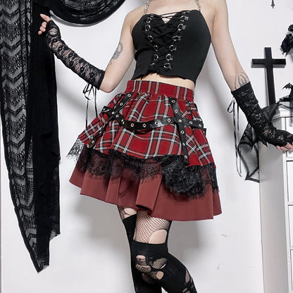 Dark High Waist Plaid Contrasting Color Eyelet Lace Skirt Wholesale Women'S Bottoms